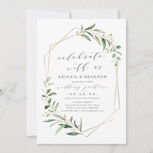 Celebrate With Us Greenery Geometric Wedding  Invitation