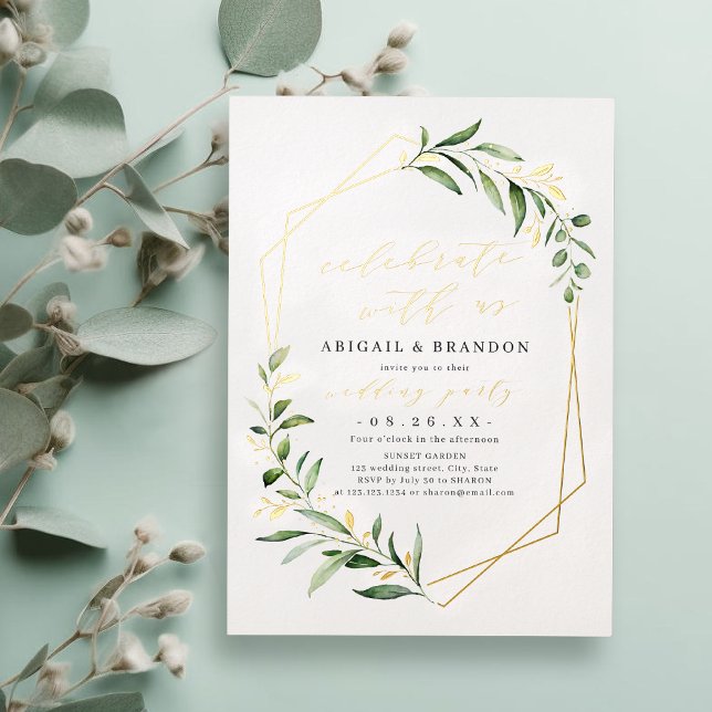 Celebrate With Us Greenery Geometric Wedding Party Foil Invitation (Celebrate With Us Greenery Geometric Wedding Party Foil Invitation)