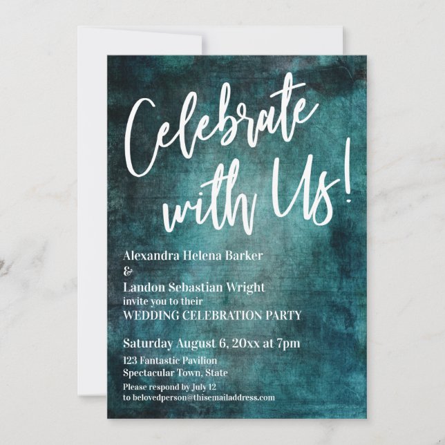 Celebrate With Us! Handwriting Bold Teal Grunge Invitation (Front)