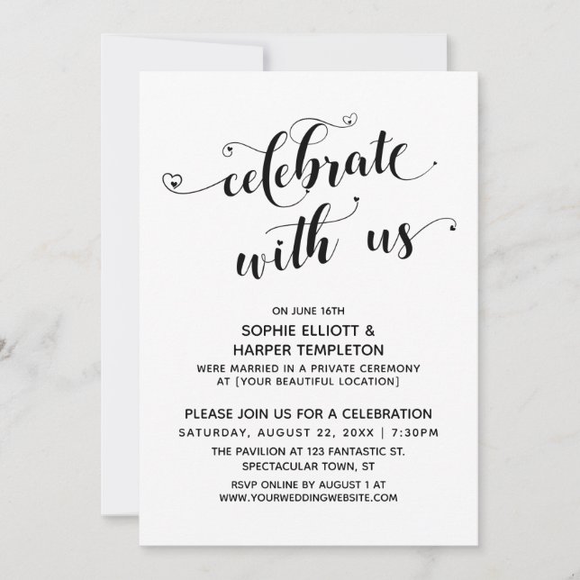 Celebrate With Us Hearts Calligraphy Reception Invitation (Front)
