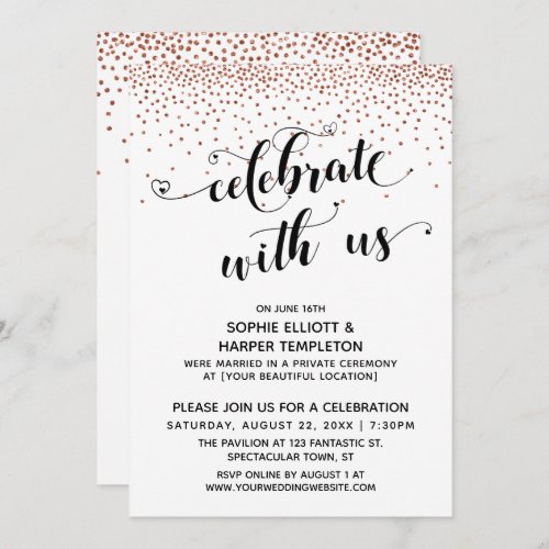 Celebrate with Us Hearts Script Copper Confetti Invitation