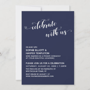 Celebrate with Us Hearts Script Navy Reception Invitation