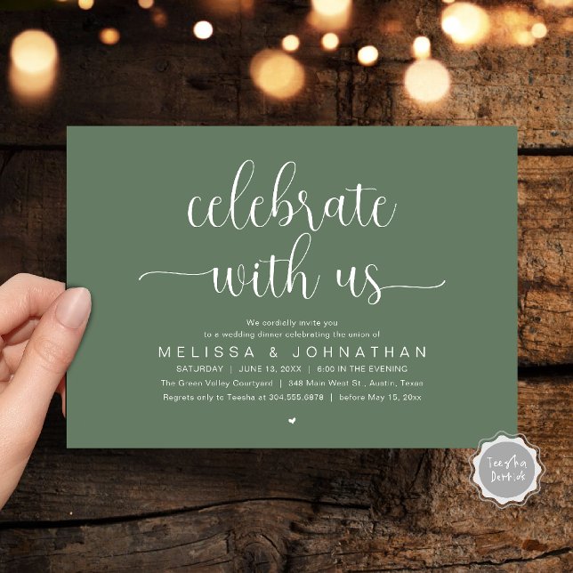Celebrate With Us Modern Minimalist Wedding Dinner Invitation (Celebrate With Us, Modern Minimalist Wedding Reception Dinner Party Invites Card Sage Green)