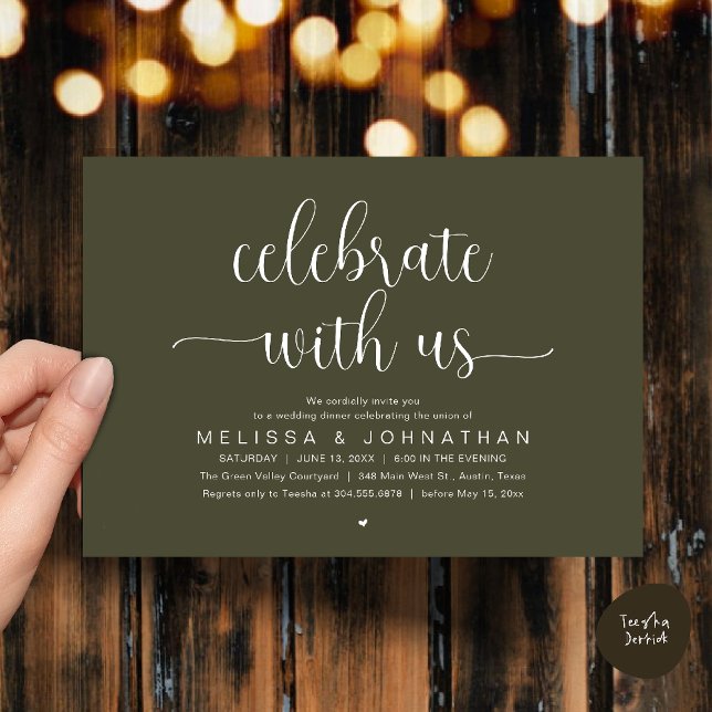Celebrate With Us Modern Minimalist Wedding Dinner Invitation (Celebrate With Us, Modern Minimalist Wedding Reception Dinner Party Invites Card Olive Green)