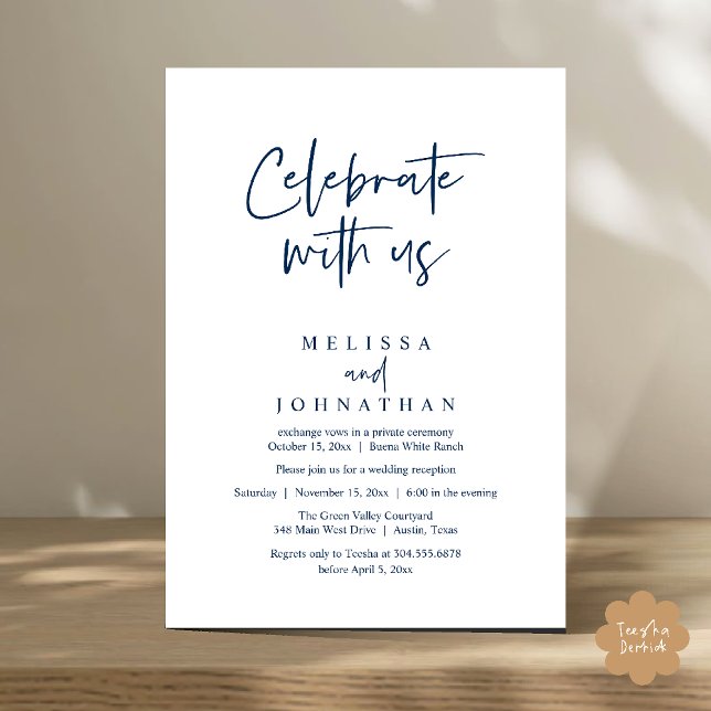 Celebrate with us, Modern Wedding Reception Invitation (Celebrate with us Modern Casual Wedding Reception Dinner Lunch Brunch Invites Card PDF Navy Blue)