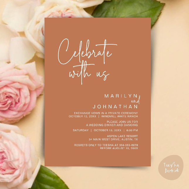 Celebrate with us, Modern Wedding Reception Party Invitation (Celebrate with us, Post Wedding Elopement Party Dinner Brunch Lunch Invitation Card PDF Copper Brown)
