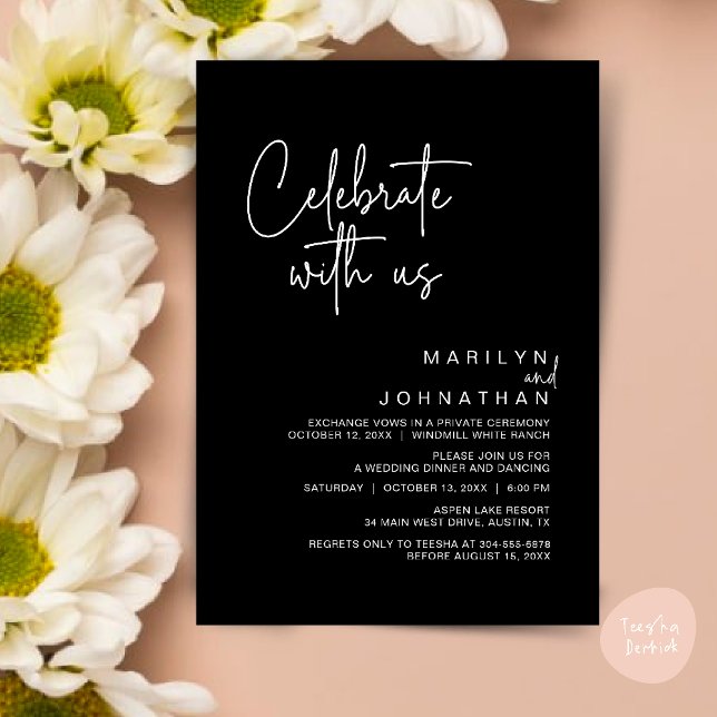 Celebrate with us, Modern Wedding Reception Party Invitation (Celebrate with us, Post Wedding Elopement Party Dinner Brunch Lunch Invitation Card PDF Classy Black)