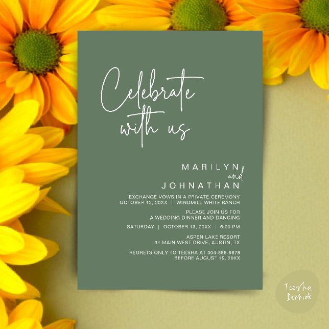 Celebrate with us, Modern Wedding Reception Party Invitation (Celebrate with us, Post Wedding Elopement Party Dinner Brunch Lunch Invitation Card PDF Sage Green)