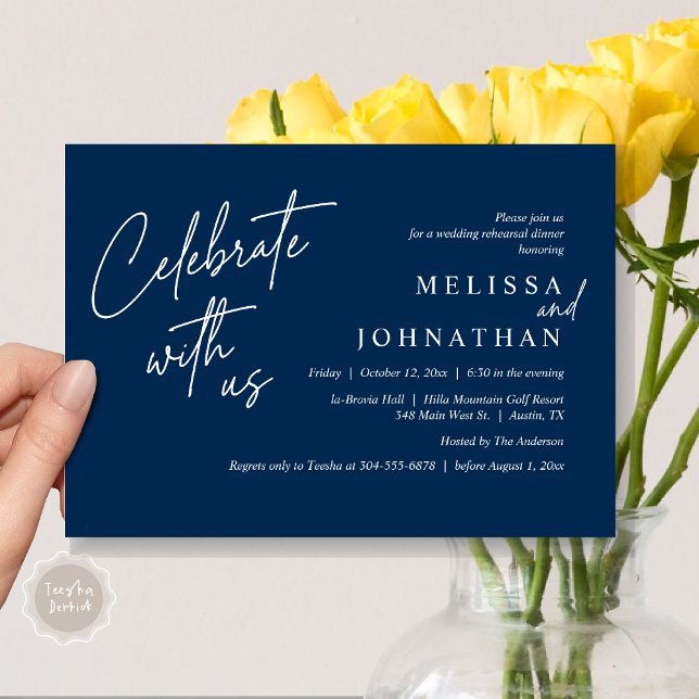 Celebrate with us, Modern Wedding Rehearsal Dinner Invitation (Celebrate with us, Modern Wedding Rehearsal Dinner Invitation Card, PDF, in Navy Blue)