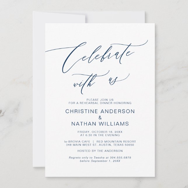 Celebrate with us, Navy Blue, Rehearsal Dinner Invitation (Front)