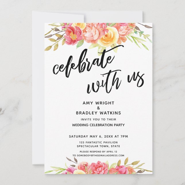 Celebrate with Us Painted Floral Wedding Reception Invitation (Front)