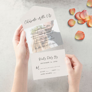 Celebrate With Us Photo Cream Wedding Reception All In One Invitation