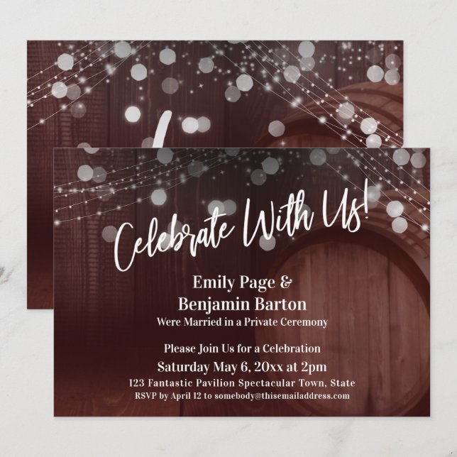 Celebrate with Us Red Wood Barrel and Lights Invitation (Front/Back)