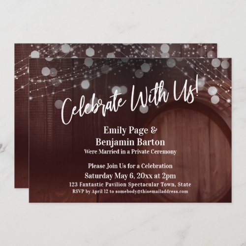 Celebrate with Us Red Wood Barrel and Lights Invitation