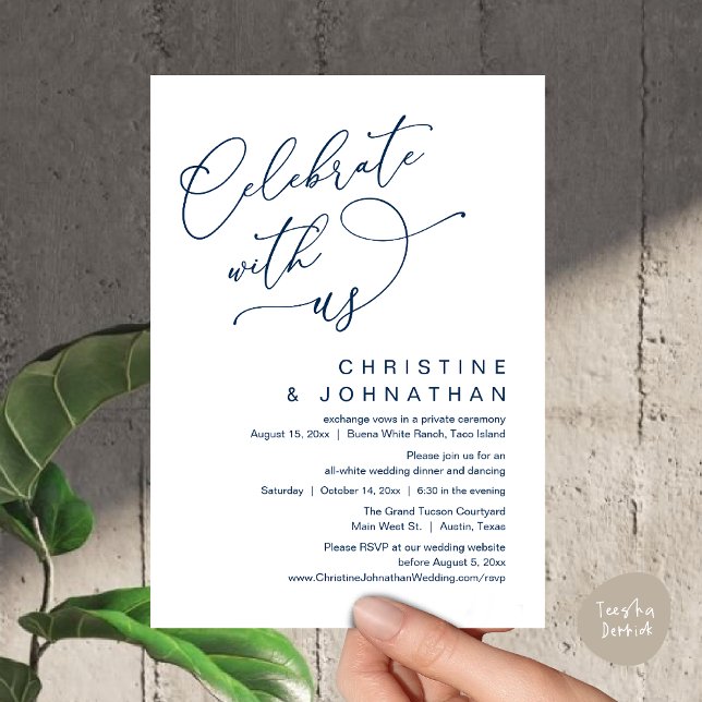 Celebrate with us, Romantic Wedding Dinner Dancing Invitation (Celebrate With Us, Romantic Wedding Dinner Party Lunch Brunch Invitation Card PDF Classy Navy Blue)