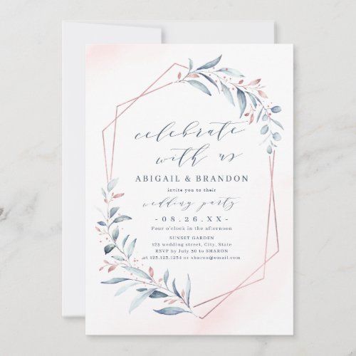 Celebrate With Us Rose Gold Dusty Blue Greenery  Invitation