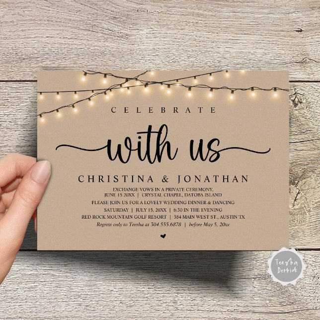 Celebrate with us, Rustic Wedding Dinner Elopement Invitation (Celebrate with us, Rustic Wedding Dinner Elopement Invitation Card, PDF, String Lights Brown Kraft)