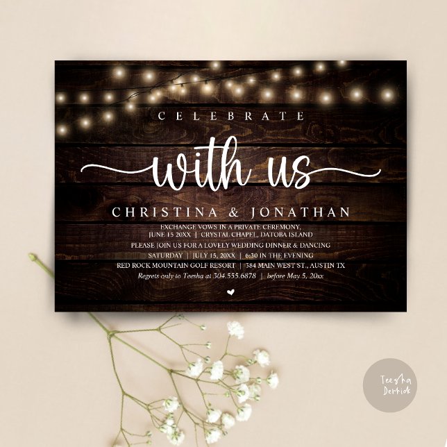 Celebrate with us, Rustic Wedding Dinner Elopement Invitation (Celebrate with us, Rustic Wedding Dinner Elopement Invitation card, pdf, in cottage dark wood)