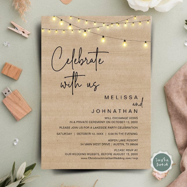 Celebrate With Us, Rustic Wedding Elopement Party Invitation (Celebrate With Us, Rustic Wedding Elopement Party Invitation Card, Cottage Brown Wood, String Lights)