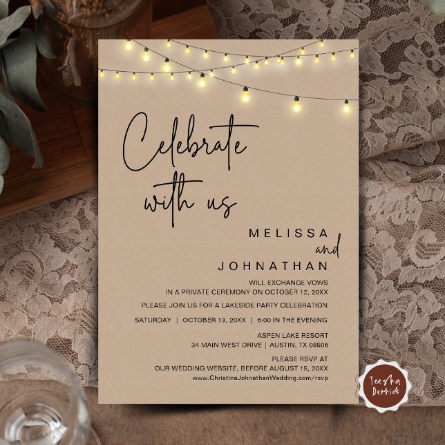 Celebrate With Us, Rustic Wedding Elopement Party Invitation (Celebrate With Us, Rustic Wedding Elopement Party Invitation Card, Cottage Brown Kraft String Lights)