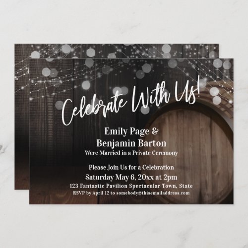 Celebrate with Us Rustic Wood Barrel and Lights Invitation