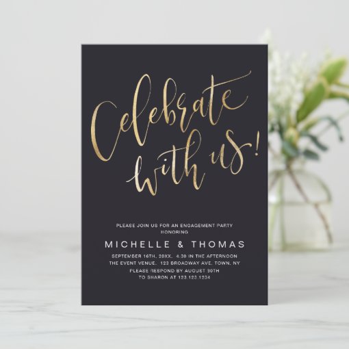 Celebrate With Us Script Black Gold Modern Simple Invitation | Zazzle