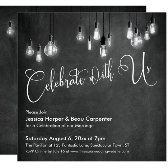 Celebrate With Us Script Edison Lights Chalkboard Invitation Celebrate With Us Script Edison Lights Chalkboard Invitation