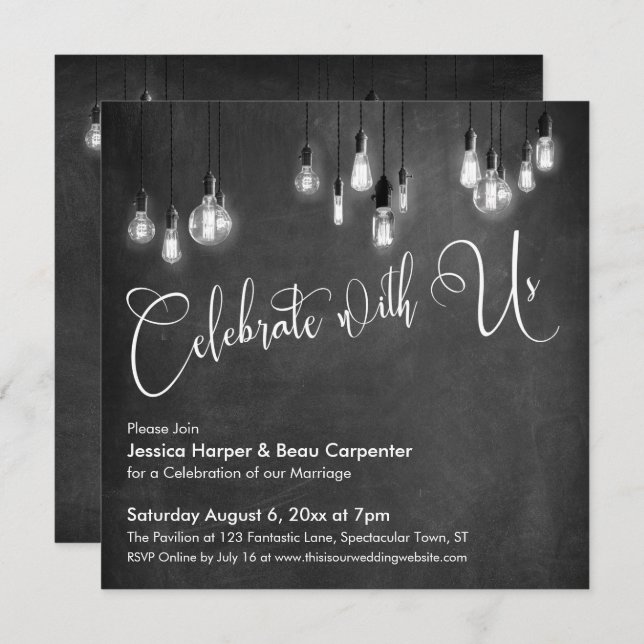 Celebrate with Us Script, Edison Lights Chalkboard Invitation (Front/Back)