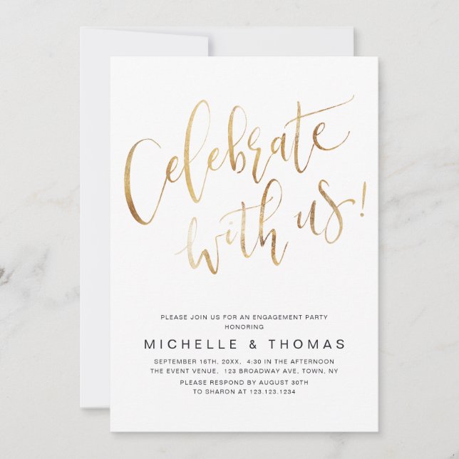 Celebrate With Us Script Gold Modern Simple Invitation (Front)