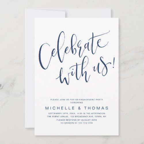 Celebrate With Us Script Navy Blue Modern Simple Invitation