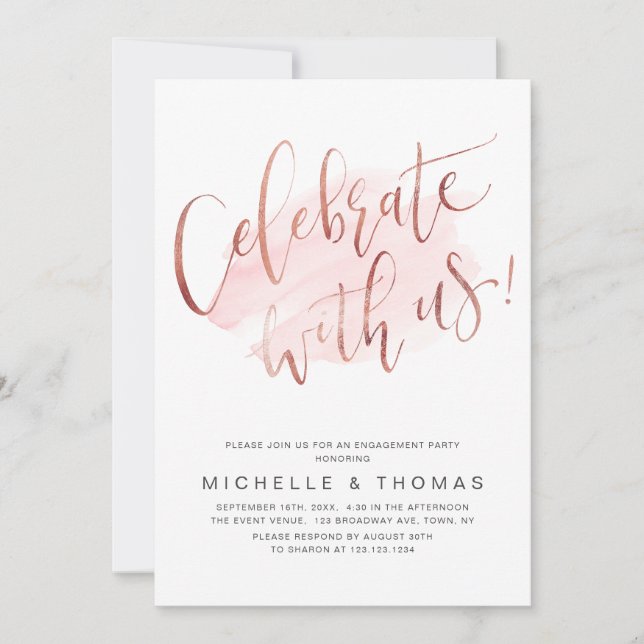 Celebrate With Us Script Rose Gold Blush Simple Invitation (Front)