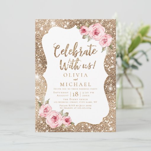 Celebrate With Us! Sparkle glitter and pink floral Invitation | Zazzle