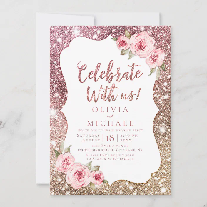 Personalised Glitter Sparkling Engagement Birthday Party Invitations Rose Gold