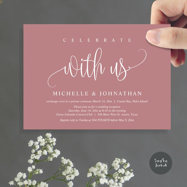 Celebrate With Us, Wedding Elopement Celebration Invitation (Celebrate with us, Modern Wedding Elopement Dinner Party Invitation Card, PDF, in dusty rose pink)