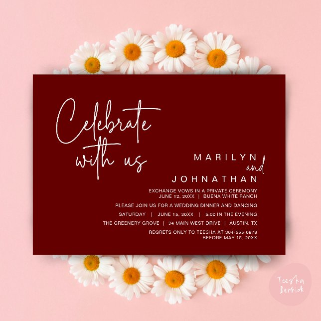 Celebrate with us, Wedding Elopement Dinner Party Invitation (Celebrate with us, Modern Wedding Elopement Dinner Lunch Brunch Party Invites Card PDF Burgundy Wine)