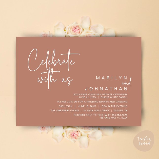 Celebrate with us, Wedding Elopement Dinner Party Invitation (Celebrate with us, Modern Wedding Elopement Dinner Lunch Brunch Party Invites Card PDF Earthy Brown)