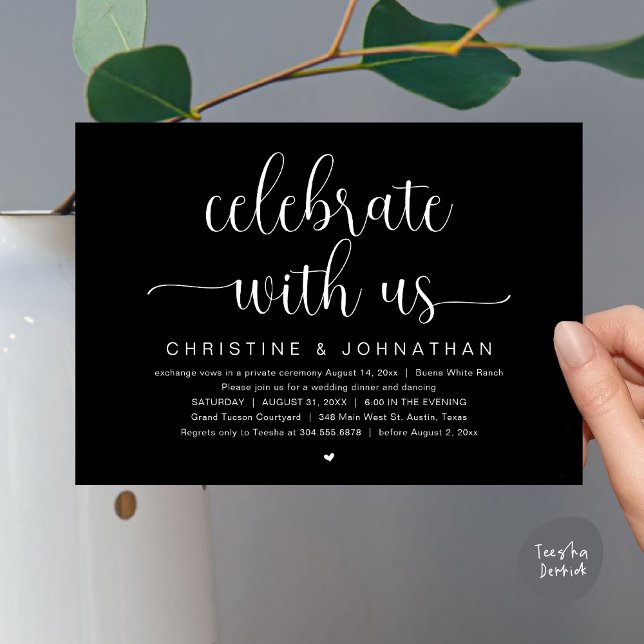 Celebrate with us, Wedding Elopement Dinner Party Invitation (Celebrate with us, Wedding Elopement Dinner Party Dancing Invites Card, pdf, classy black white)