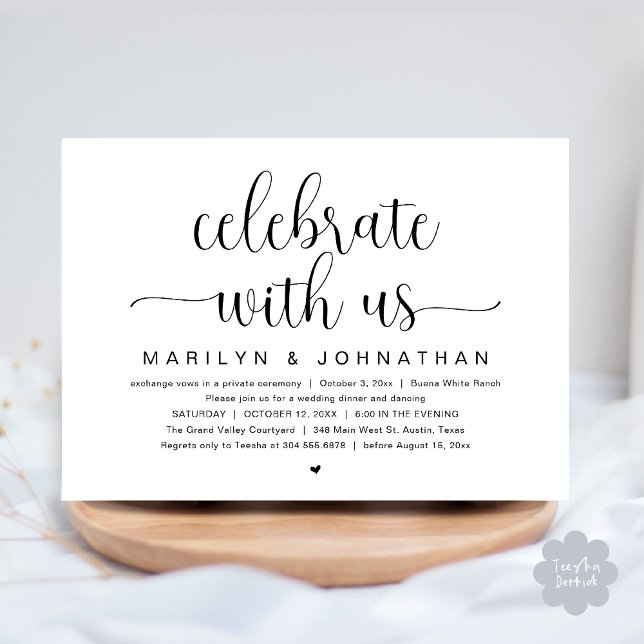Celebrate with us, Wedding Elopement Dinner Party Invitation (Celebrate with us, Wedding Elopement Dinner Party Dancing Invitation Card PDF White Black)
