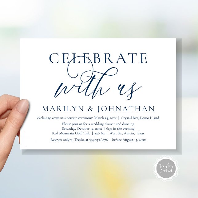 Celebrate with us, Wedding Elopement Dinner Party Invitation (Celebrate with us, Modern Wedding Elopement Dinner Invitation Card, PDF, Modern Romantic Navy Blue)