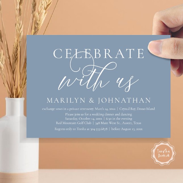 Celebrate with us, Wedding Elopement Dinner Party Invitation (Celebrate with us, Modern Wedding Elopement Dinner Invitation Card, PDF, Modern Romantic Dusty Blue)