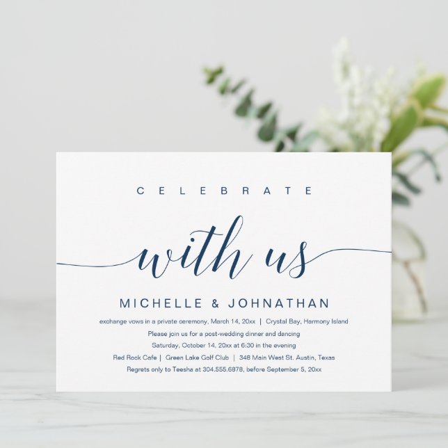 Celebrate with us, Wedding Elopement, Navy Blue Invitation (Standing Front)