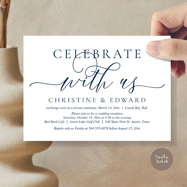 Celebrate with us, Wedding Elopement Party Invitation (Celebrate with us, Romantic Modern Wedding Elopement Invitation Card, PDF, in Navy Blue)