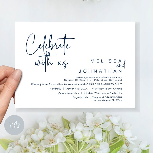Celebrate with us, Wedding Reception Cash Bar Invitation (Celebrate with us, Wedding Reception Dinner Cash Bar Adults Only Invitation Card PDF in Navy Blue)