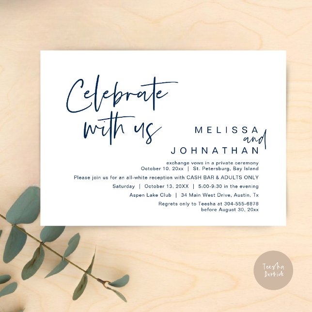 Celebrate with us, Wedding Reception Cash Bar Invitation (Celebrate with us, Wedding Reception Dinner Cash Bar Adults Only Invitation Card PDF in Navy Blue)