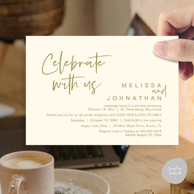 Celebrate with us, Wedding Reception Cash Bar Invitation (Celebrate with us, Wedding Reception Dinner Cash Bar Adults Only Invitation Card PDF in Yellow Gold)