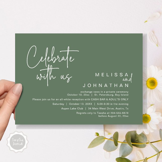 Celebrate with us, Wedding Reception Cash Bar Invitation (Celebrate with us, Wedding Reception Dinner Cash Bar Adults Only Invitation Card PDF in Sage Green)