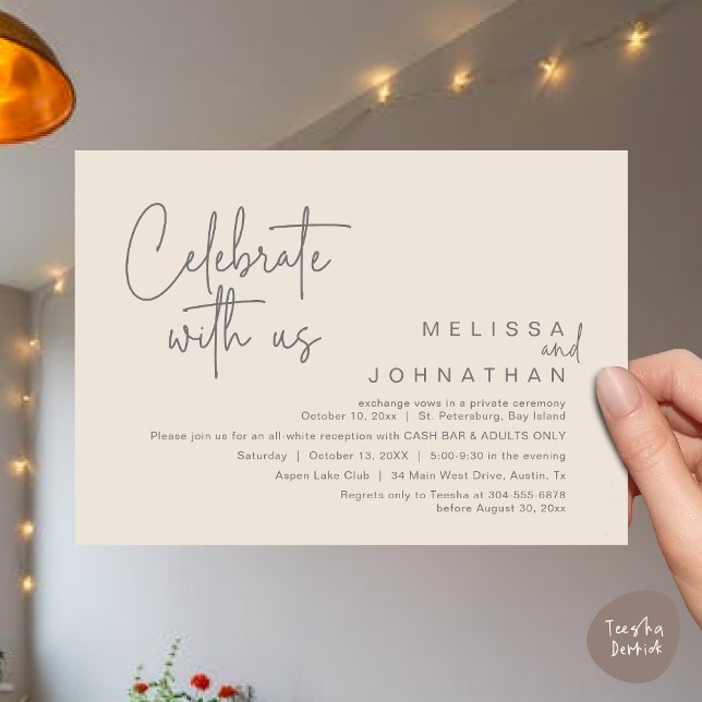 Celebrate with us, Wedding Reception Cash Bar Invitation (Celebrate with us, Wedding Reception Dinner Cash Bar Adults Only Invitation Card PDF in Cream Grey)
