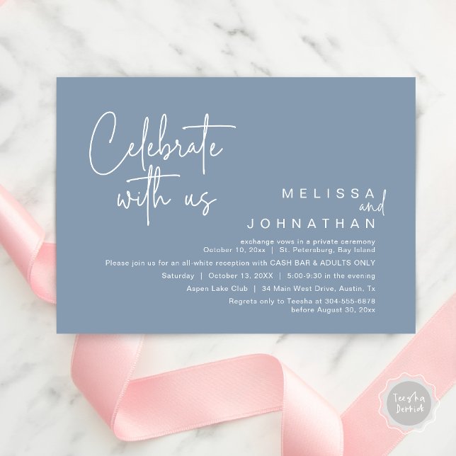 Celebrate with us, Wedding Reception Cash Bar Invitation (Celebrate with us, Wedding Reception Dinner Cash Bar Adults Only Invitation Card PDF in Dusty Blue)