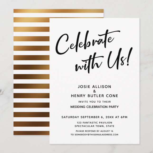 Celebrate With Us! Wedding Reception + Gold Stripe Invitation (Front/Back)