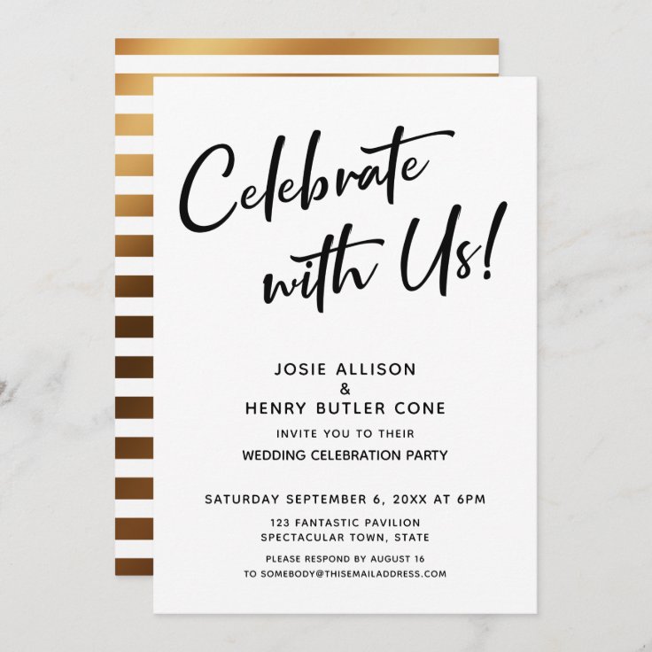 Celebrate With Us! Wedding Reception + Gold Stripe Invitation | Zazzle